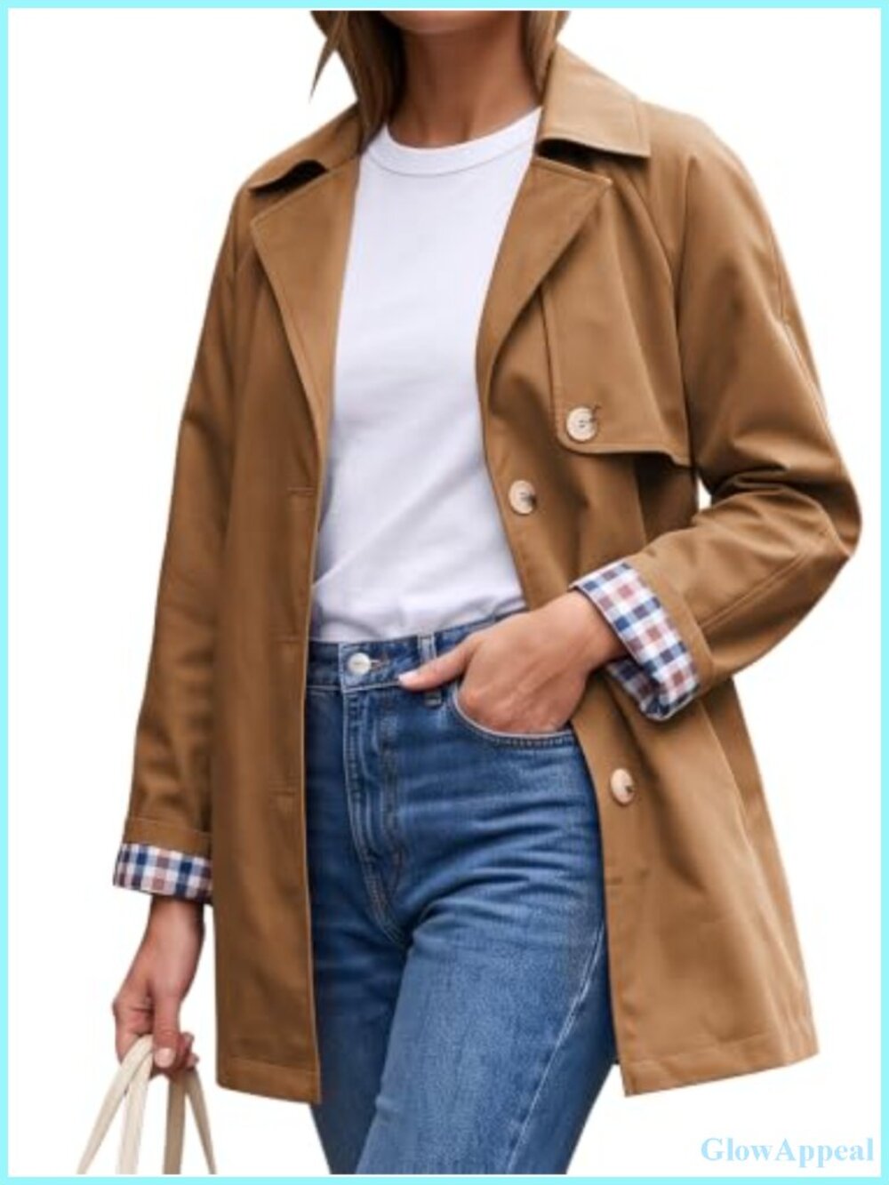 Women's Lightweight Trench Coat Windproof Plaid Lining Long Sleeve